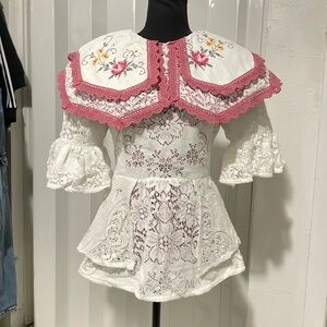 White Lace Blouse with Pink Embroidered Collar